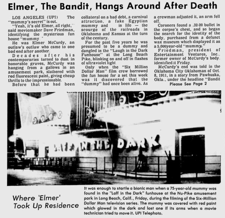 Newspaper clipping of "Elmer, The Bandit, Hangs Around After Death". The Hour. December 11, 1976. pp. 1–2.