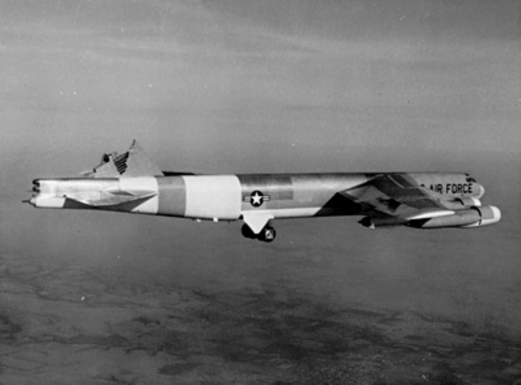 A Boeing B-52H Stratofortress (61-023) flying with its vertical stablizer sheared off. The aircraft was being used as a testbed to identify structural weaknesses in the airframe when the event occurred.
