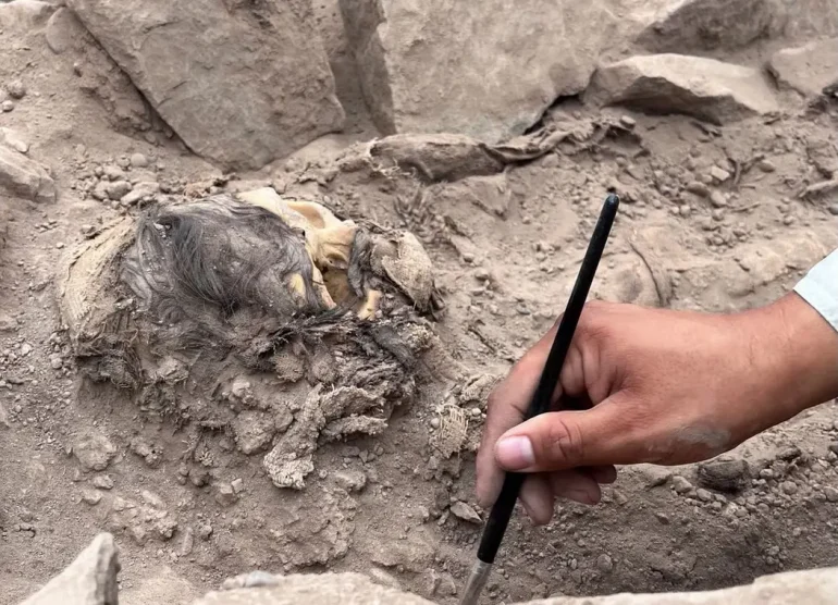 In this image, an archaeologist diligently works at the excavation site of a pre-Hispanic burial alongside a mummy, suspected to belong to the Manchay culture. The Manchay civilisation, which emerged in the Lima valleys between 1,500 and 1,000 BCE, comes to life through the expertise and dedication of these researchers.
