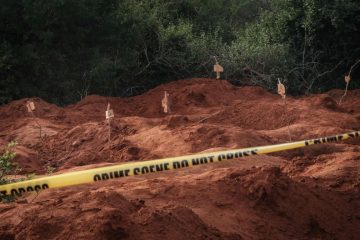 A mass grave site in Shakahola forest, in south-east Kenya, where the pastor Paul Mackenzie and his followers lived.